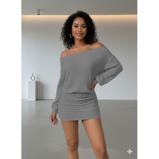 Kadın Uzun Kollu Madonna Yaka Yanlardan Büzgülü şardonlu Kaşkorse Mini Elbise, 30249