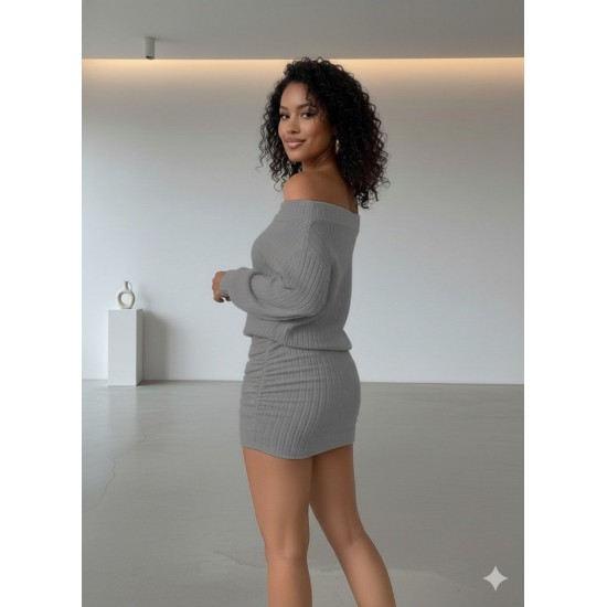 Kadın Uzun Kollu Madonna Yaka Yanlardan Büzgülü şardonlu Kaşkorse Mini Elbise, 30249