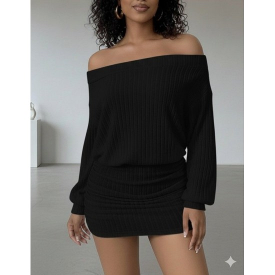 Kadın Uzun Kollu Madonna Yaka Yanlardan Büzgülü şardonlu Kaşkorse Mini Elbise, 30248