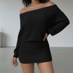 Kadın Uzun Kollu Madonna Yaka Yanlardan Büzgülü şardonlu Kaşkorse Mini Elbise, 30248