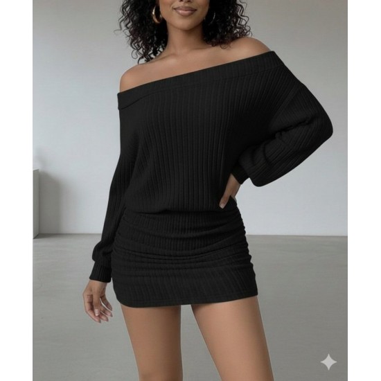 Kadın Uzun Kollu Madonna Yaka Yanlardan Büzgülü şardonlu Kaşkorse Mini Elbise, 30248