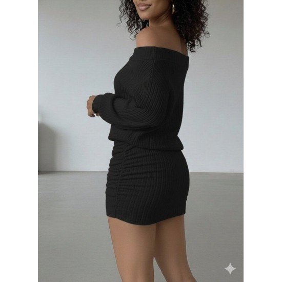 Kadın Uzun Kollu Madonna Yaka Yanlardan Büzgülü şardonlu Kaşkorse Mini Elbise, 30248