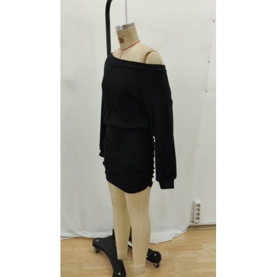 Kadın Uzun Kollu Madonna Yaka Yanlardan Büzgülü şardonlu Kaşkorse Mini Elbise, 30248