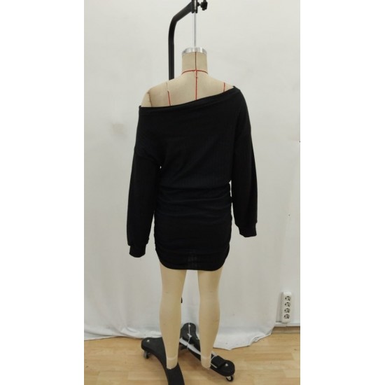 Kadın Uzun Kollu Madonna Yaka Yanlardan Büzgülü şardonlu Kaşkorse Mini Elbise, 30248