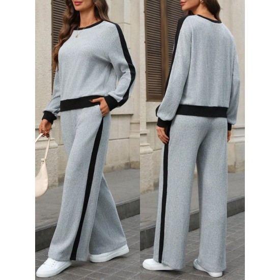 Kadın Uzun Kollu Bisiklet Yaka şardonlu Kaşkorse Bluz Ve Pantolon Ikili Takım , 30264