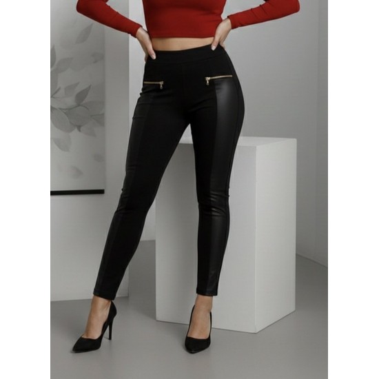 Kadın Yüksek Bel Deri Detaylı Fermuarlı Dalgıç Tayt , 30268