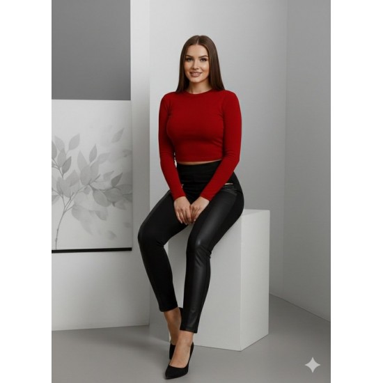 Kadın Yüksek Bel Deri Detaylı Fermuarlı Dalgıç Tayt , 30268