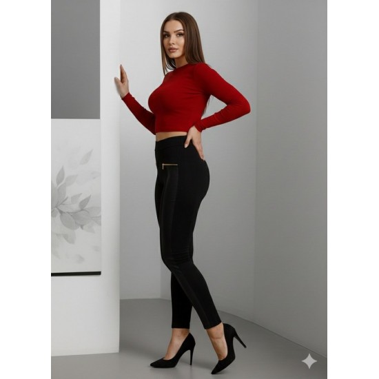 Kadın Yüksek Bel Deri Detaylı Fermuarlı Dalgıç Tayt , 30268