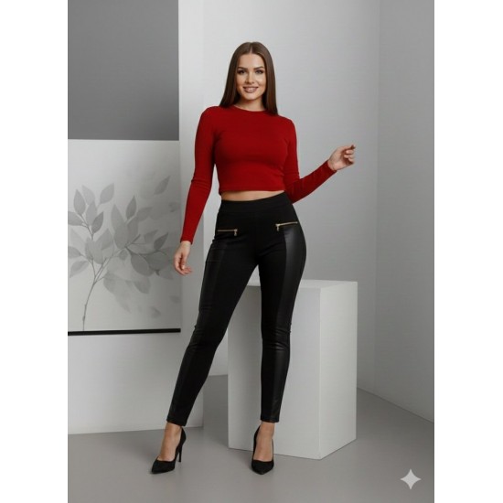 Kadın Yüksek Bel Deri Detaylı Fermuarlı Dalgıç Tayt , 30268