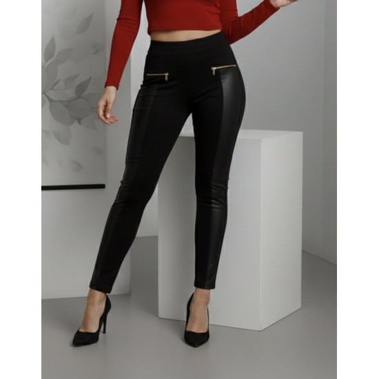 Kadın Yüksek Bel Deri Detaylı Fermuarlı Dalgıç Tayt , 30268