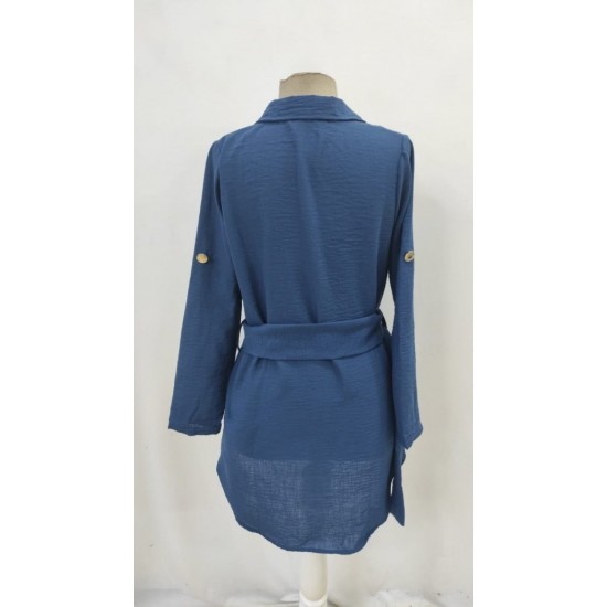 Kadın Uzun Kollu Yakalı önden Düğmeli Beli Kuşaklı Mini Ithal Keten Elbise , 30270