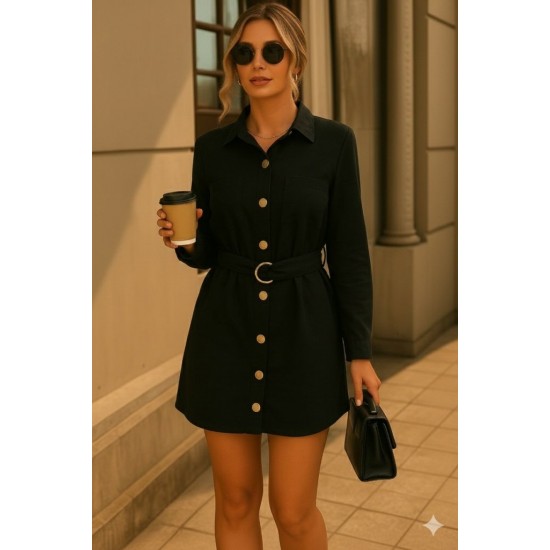 Kadın Uzun Kollu Yakalı önden Düğmeli Beli Kuşaklı Mini Ithal Keten Elbise , 30269 Kadın Uzun Kollu Yakalı önden Düğmeli Beli Kuşaklı Mini Ithal Keten Elbise , 30269