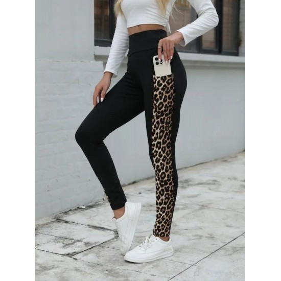 Kadın Yüksek Bel Cep Detaylı Leopar Desenli Dalgıç Tayt , 30288