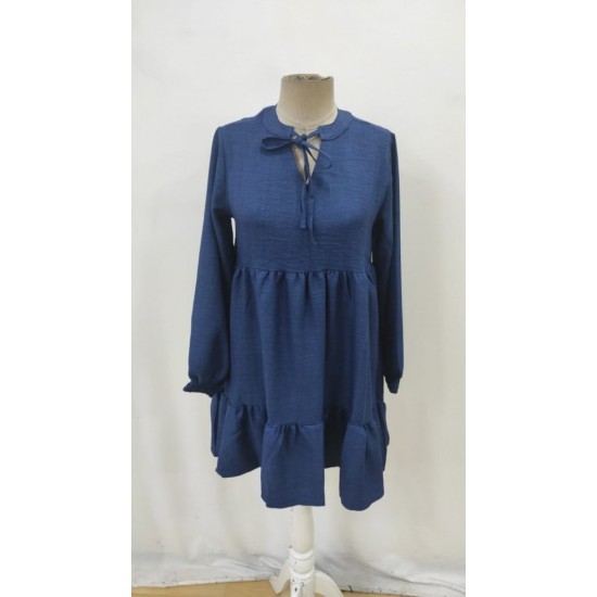 Kadın Uzun Kollu Yakadan Bağcıklı Fırfırlı Keten Mini Elbise , 30286