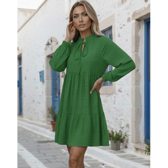 Kadın Uzun Kollu Yakadan Bağcıklı Fırfırlı Keten Mini Elbise , 30285