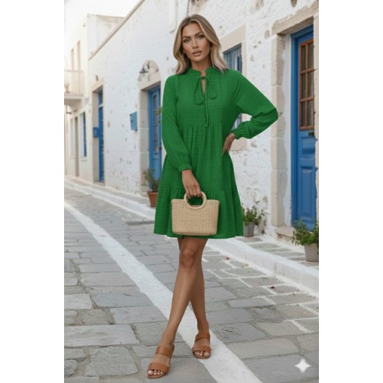 Kadın Uzun Kollu Yakadan Bağcıklı Fırfırlı Keten Mini Elbise , 30285