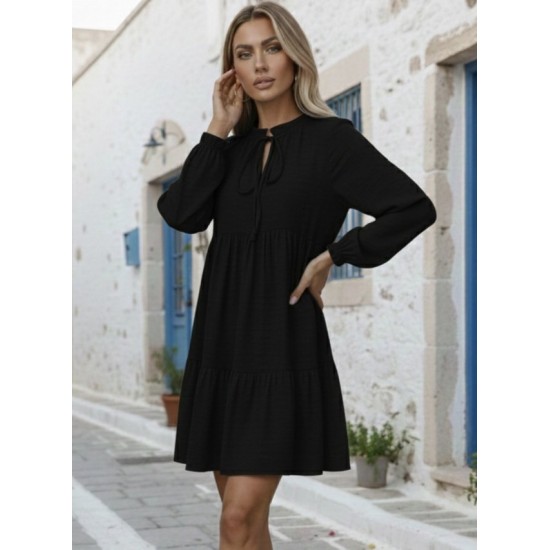 Kadın Uzun Kollu Yakadan Bağcıklı Fırfırlı Keten Mini Elbise , 30284