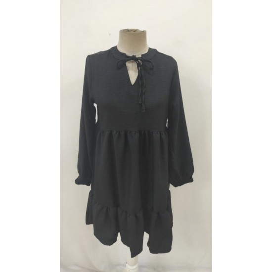 Kadın Uzun Kollu Yakadan Bağcıklı Fırfırlı Keten Mini Elbise , 30284