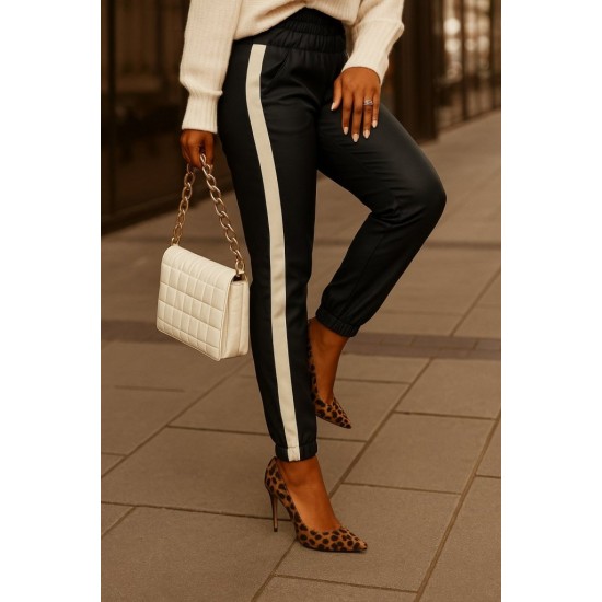 Kadın Yüksek Bel Lastikli Yan şerit Detaylı Deri Pantolon , 30283