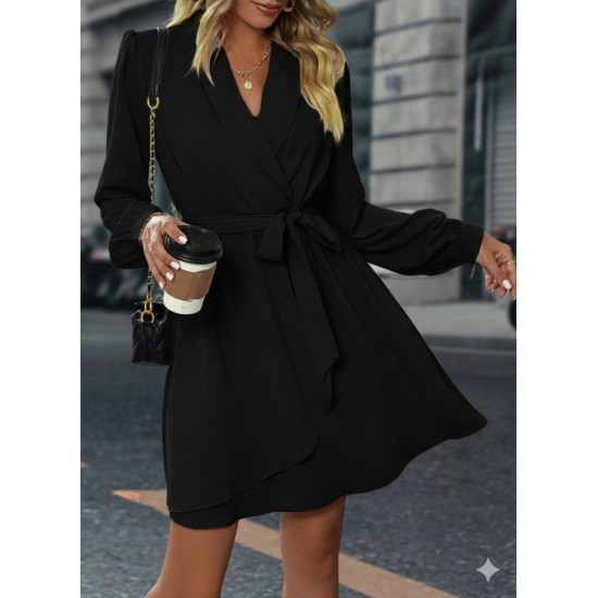 Kadın Uzun Kollu Kruvaze Yakalı Belden Kuşaklı Mini çift Katlı Ithal Krep Elbise , 30281