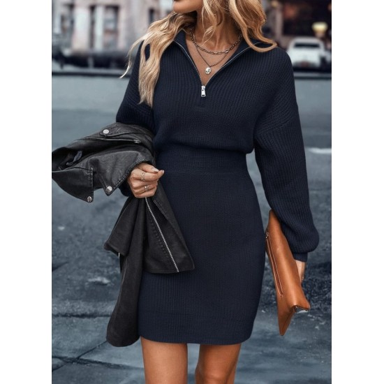 Kadın Uzun Kollu Yakası Fermuarlı Mini Triko Elbise , 30279