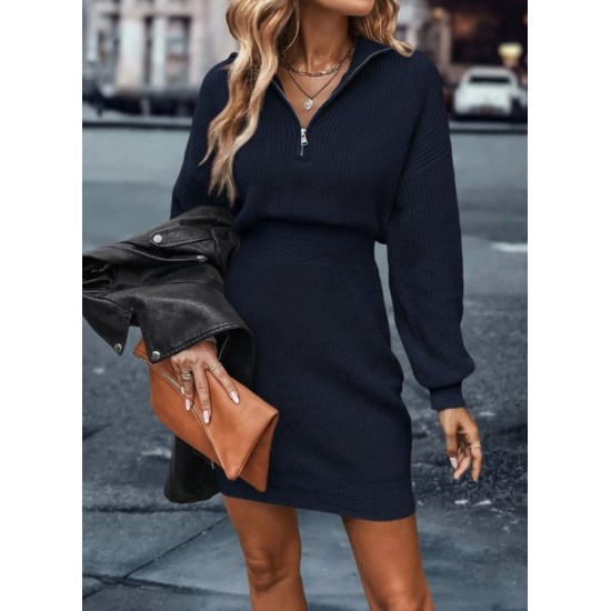 Kadın Uzun Kollu Yakası Fermuarlı Mini Triko Elbise , 30279
