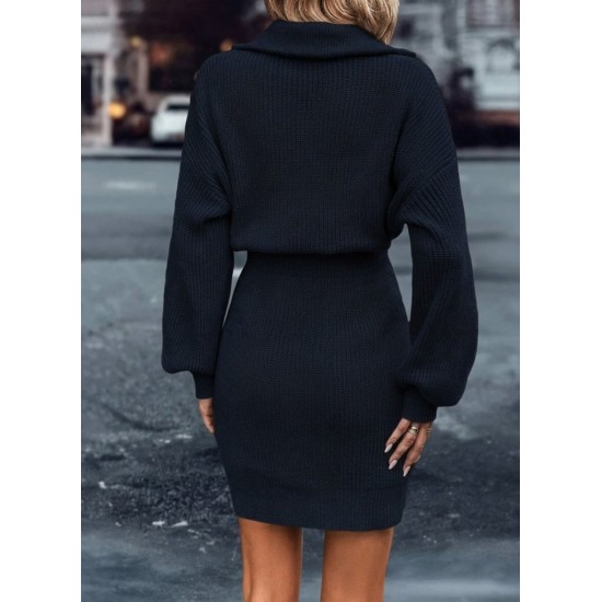 Kadın Uzun Kollu Yakası Fermuarlı Mini Triko Elbise , 30279