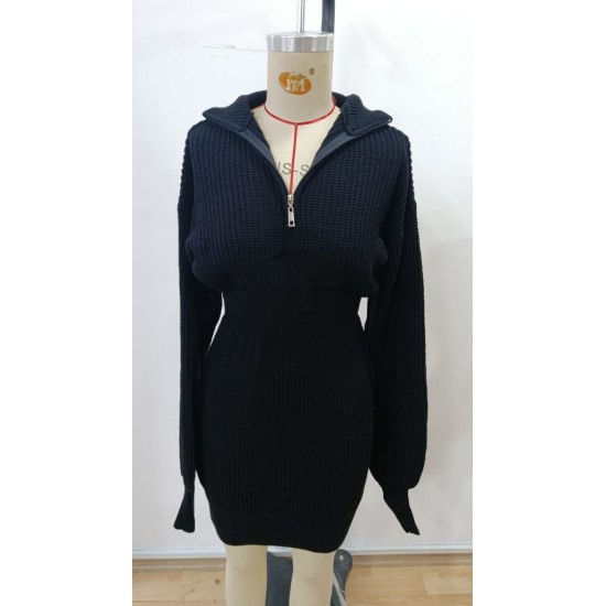 Kadın Uzun Kollu Yakası Fermuarlı Mini Triko Elbise , 30279