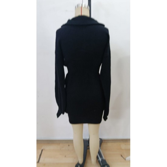 Kadın Uzun Kollu Yakası Fermuarlı Mini Triko Elbise , 30279