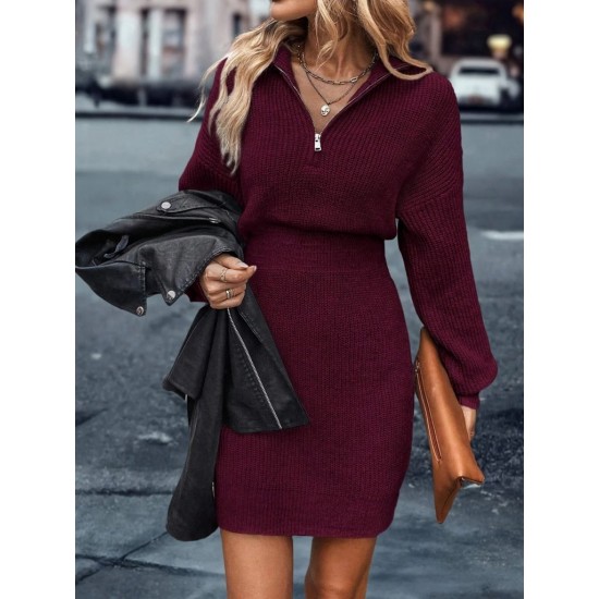 Kadın Uzun Kollu Yakası Fermuarlı Mini Triko Elbise , 30278