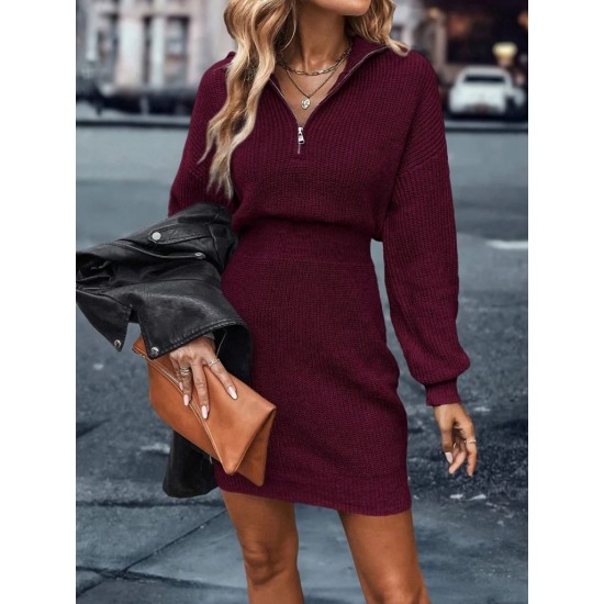 Kadın Uzun Kollu Yakası Fermuarlı Mini Triko Elbise , 30278