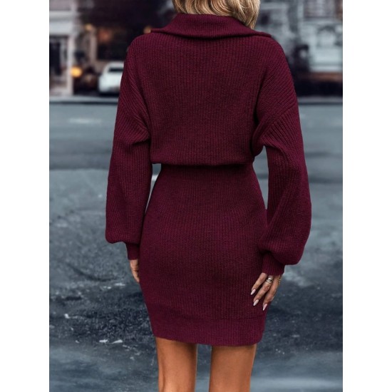 Kadın Uzun Kollu Yakası Fermuarlı Mini Triko Elbise , 30278