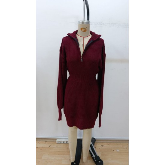 Kadın Uzun Kollu Yakası Fermuarlı Mini Triko Elbise , 30278