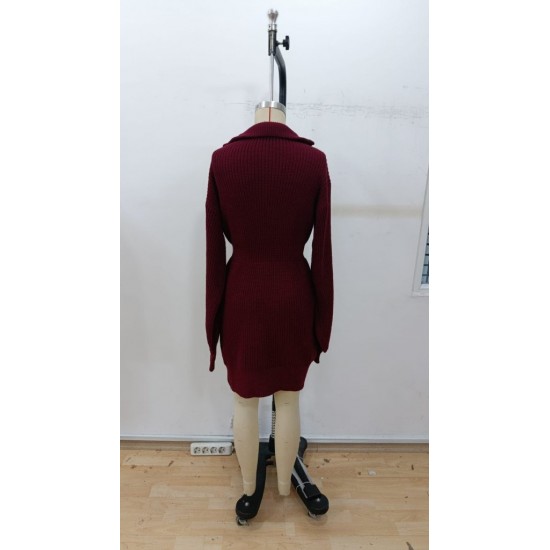 Kadın Uzun Kollu Yakası Fermuarlı Mini Triko Elbise , 30278