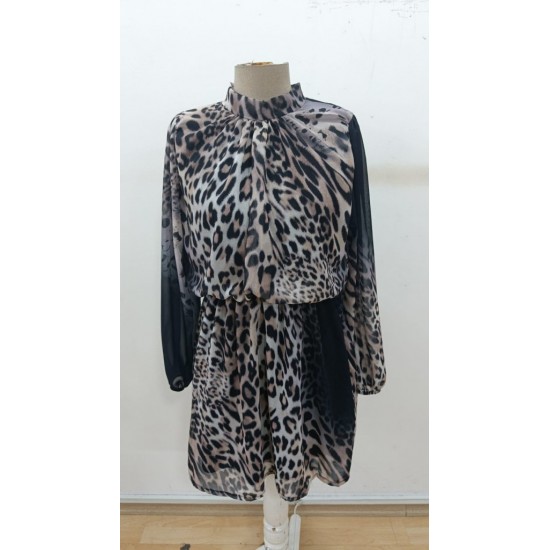 Kadın Uzun Kollu Balıkçı Yaka Leopar Desenli şifon Mini Elbise , 30290