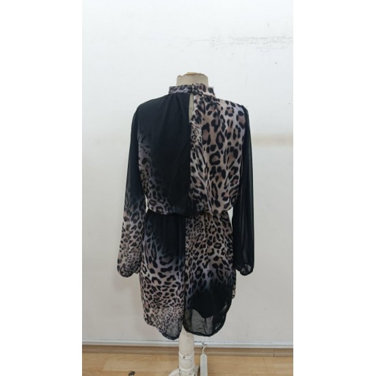 Kadın Uzun Kollu Balıkçı Yaka Leopar Desenli şifon Mini Elbise , 30290
