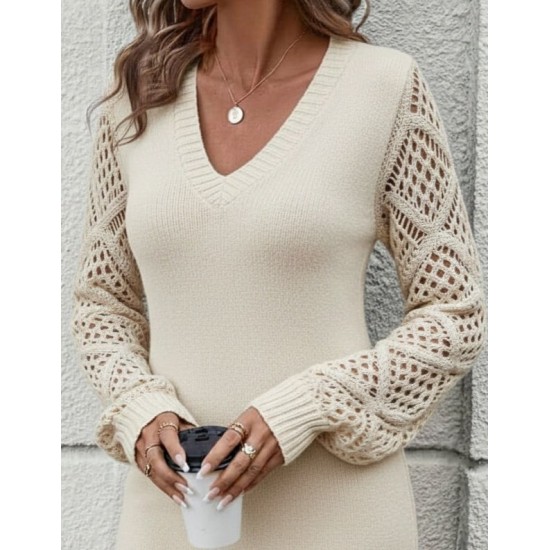 Kadın Uzun Kollu V Yakalı Mini Triko Elbise , 29968