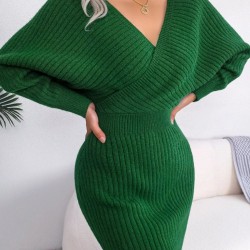 Kadın Uzun Kollu Kruvaze Geniş Yakalı Mini Triko Elbise , 30304