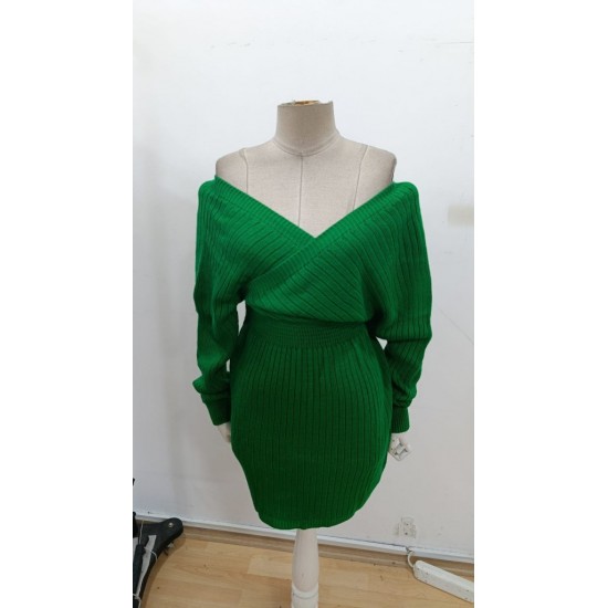 Kadın Uzun Kollu Kruvaze Geniş Yakalı Mini Triko Elbise , 30304