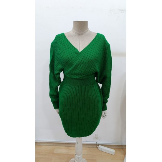 Kadın Uzun Kollu Kruvaze Geniş Yakalı Mini Triko Elbise , 30304