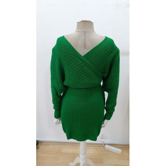 Kadın Uzun Kollu Kruvaze Geniş Yakalı Mini Triko Elbise , 30304