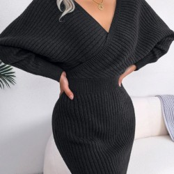 Kadın Uzun Kollu Kruvaze Geniş Yakalı Mini Triko Elbise , 30303