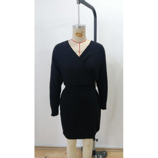 Kadın Uzun Kollu Kruvaze Geniş Yakalı Mini Triko Elbise , 30303