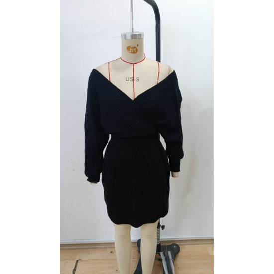 Kadın Uzun Kollu Kruvaze Geniş Yakalı Mini Triko Elbise , 30303