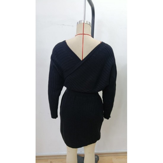 Kadın Uzun Kollu Kruvaze Geniş Yakalı Mini Triko Elbise , 30303