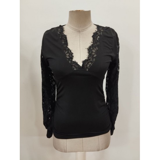 Kadın Uzun Kollu Dantel V Yakalı Sandy Bluz , 30295