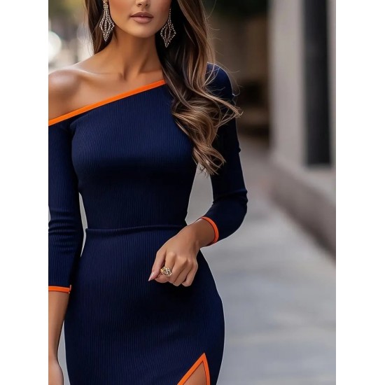 Kadın Uzun Kollu Tek Omuzu Açık Yandan Yırtmaçlı Midi Kaşkorse Elbise, 30294