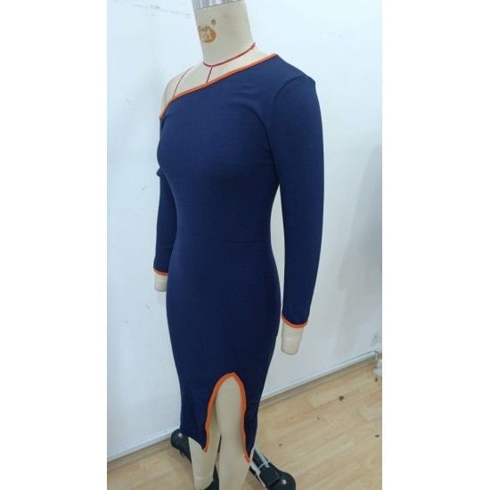 Kadın Uzun Kollu Tek Omuzu Açık Yandan Yırtmaçlı Midi Kaşkorse Elbise, 30294