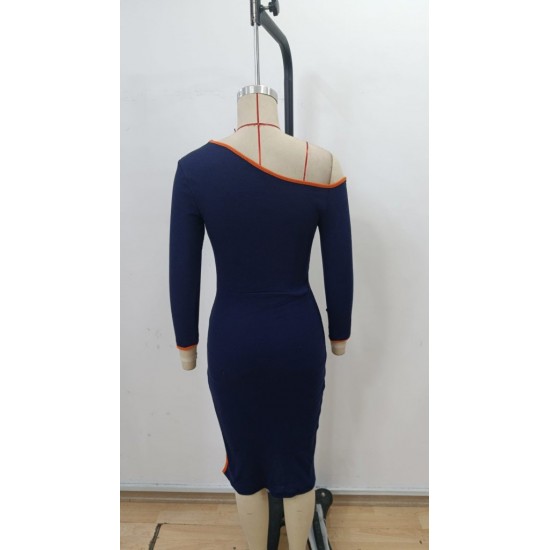 Kadın Uzun Kollu Tek Omuzu Açık Yandan Yırtmaçlı Midi Kaşkorse Elbise, 30294