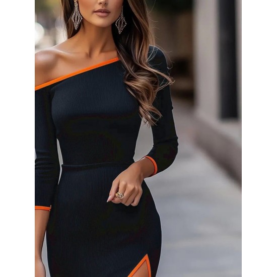 Kadın Uzun Kollu Tek Omuzu Açık Yandan Yırtmaçlı Midi Kaşkorse Elbise , 30293